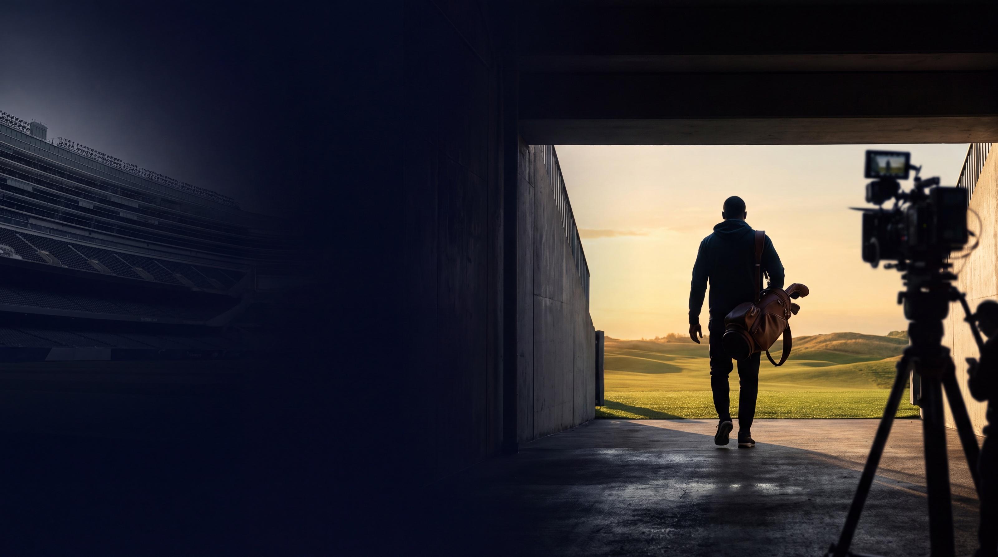 A competitor walks from a stadium tunnel toward a sunlit golf course, with a cinema camera in the foreground
